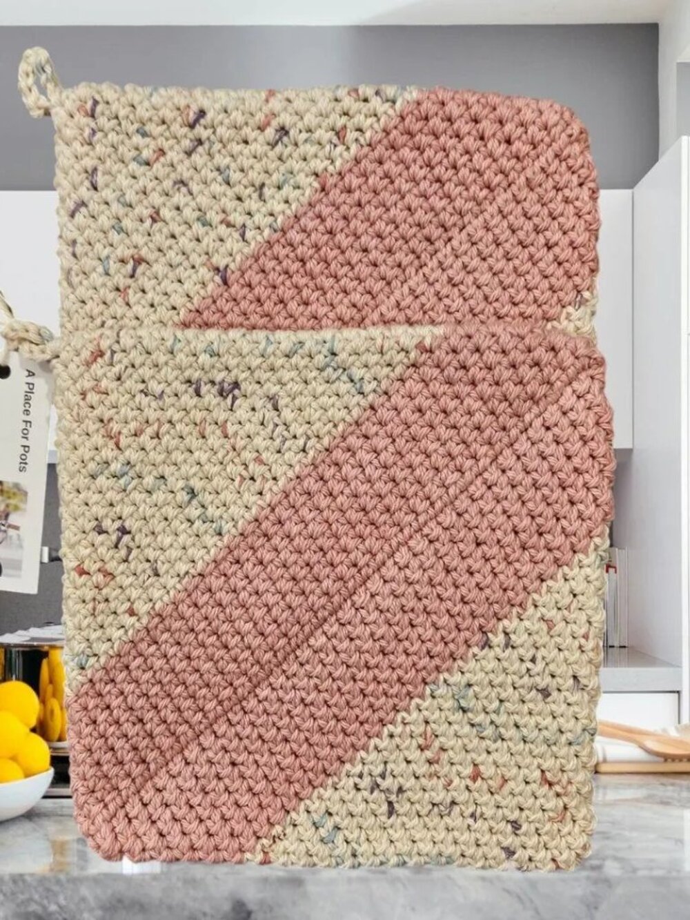 Crochet Potholder Set of 2: Pink & Beige Cotton, Double Layer Heat Resistant